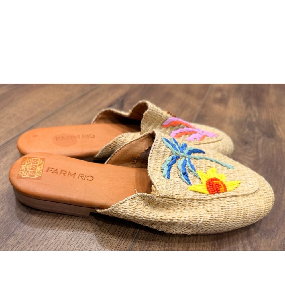 FARM Rio Tropical Beaded Embroidered Raffia Mule Flats Size 6.5 - Picture 4 of 7